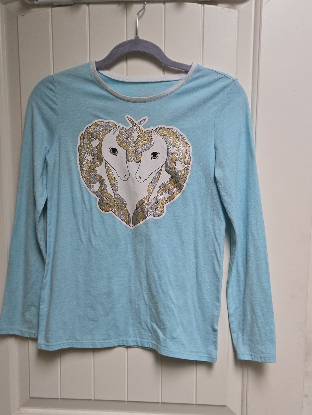 George Kids Size XL 14 Girls' Light Blue Long Sleeve Unicorn Heart Top Shirt